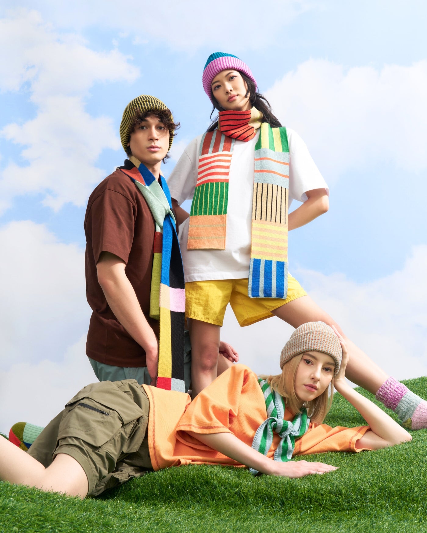 knit long skinny patterned scarves and triangle scarf plus plush colorful beanies