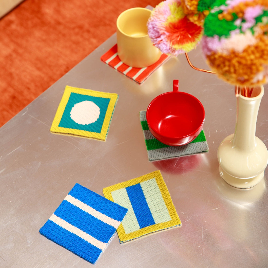 bright graphic knit coasters