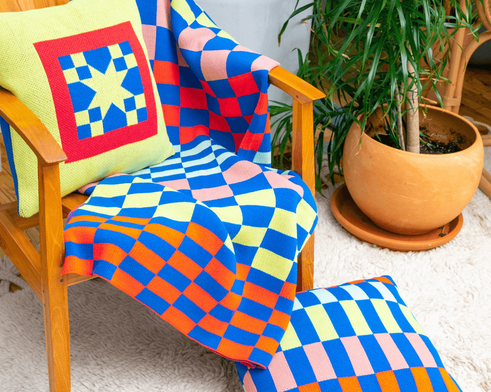 checkerboard bright knit throw and pillow on sale
