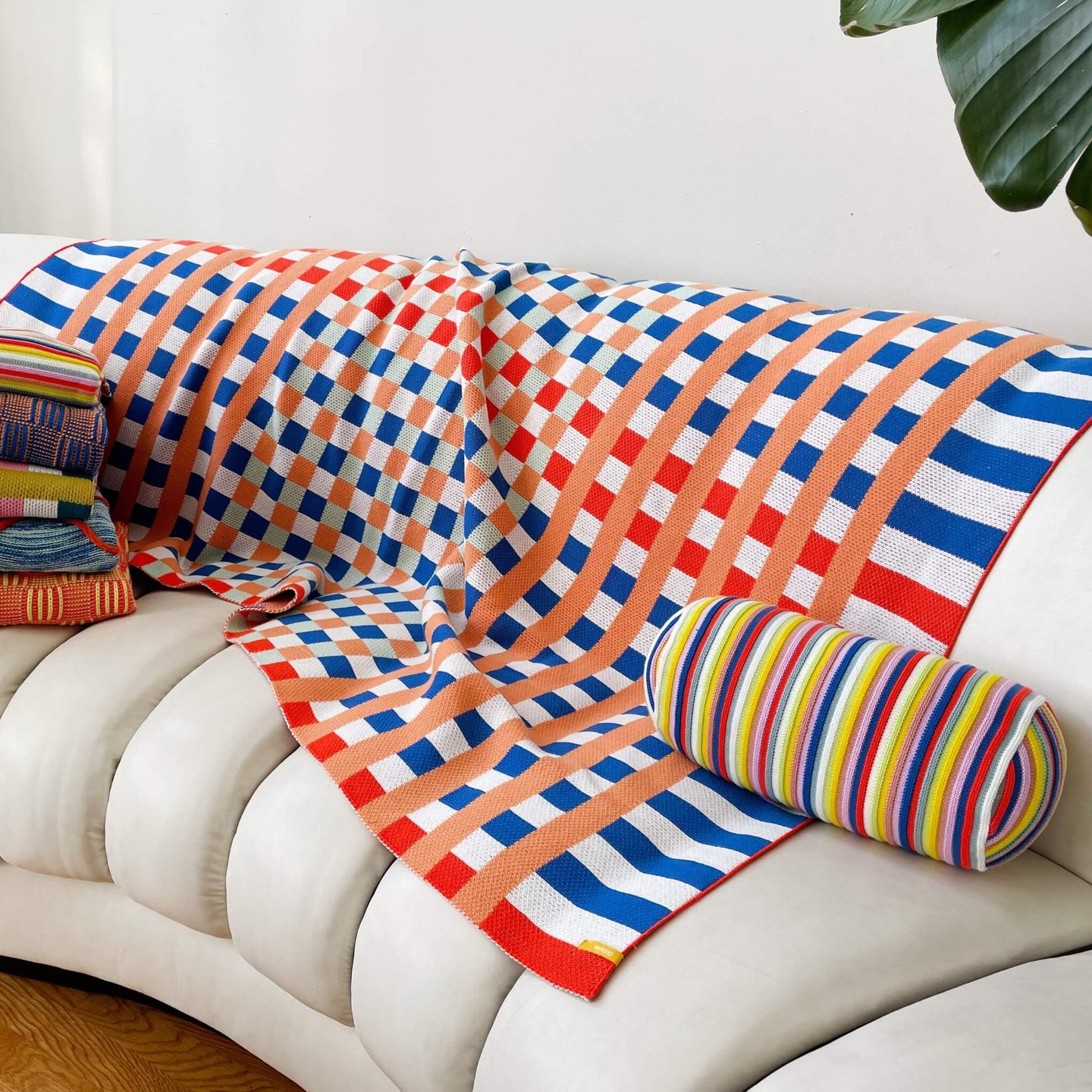 Square Square Knit Throw Checkerboard Gingham Pattern Soft Blanket In Use on couch
