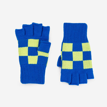 Lime Cobalt | Checkerboard Knit Fingerless Gloves Rib Cuff Checkers