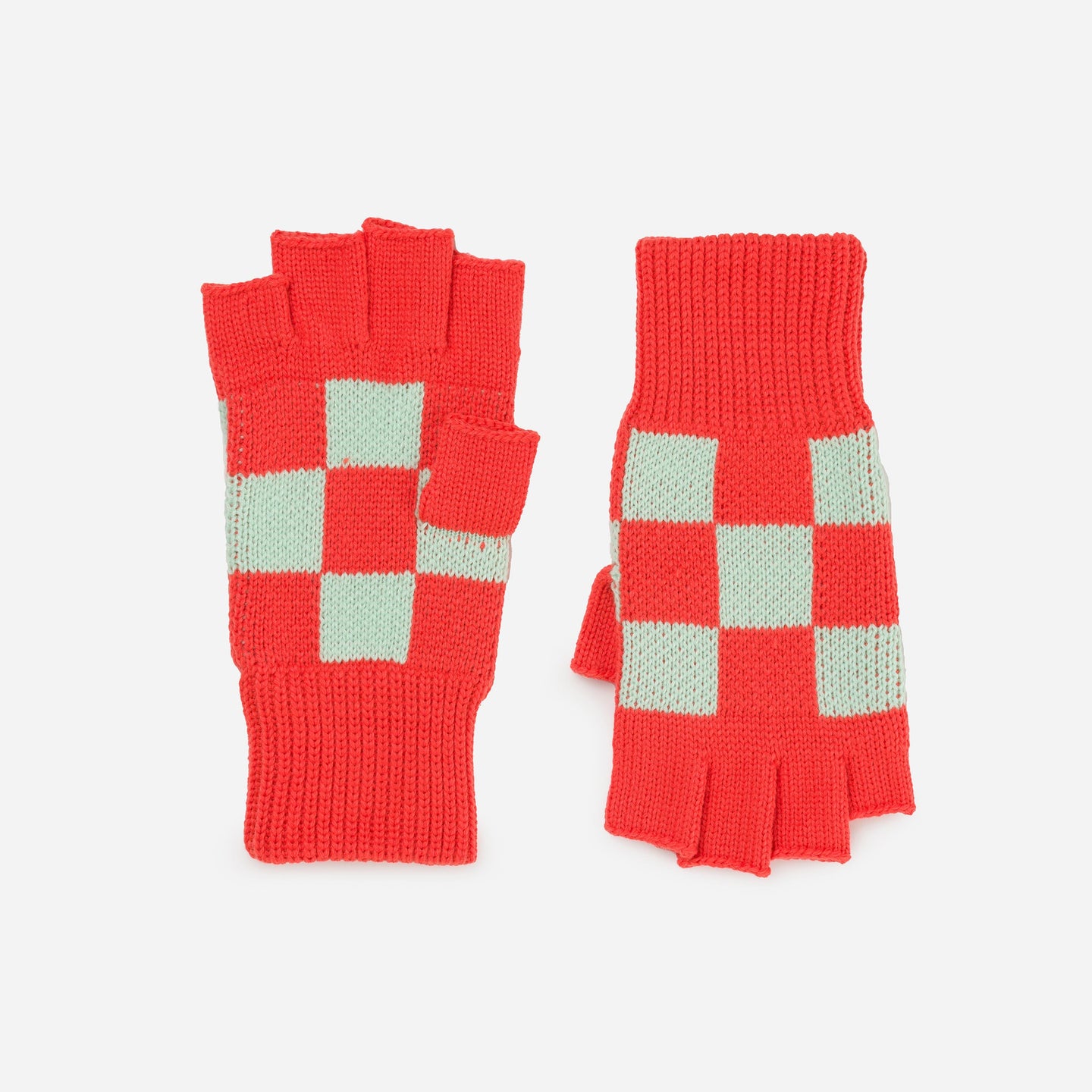 Checkerboard Knit Fingerless Gloves Rib Cuff Checkers