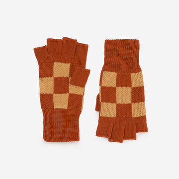 Rust Camel | Checkerboard Knit Fingerless Gloves Rib Cuff Checkers