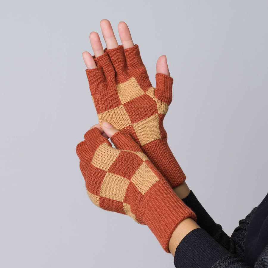 Checkerboard Knit Fingerless Gloves Melon Jade