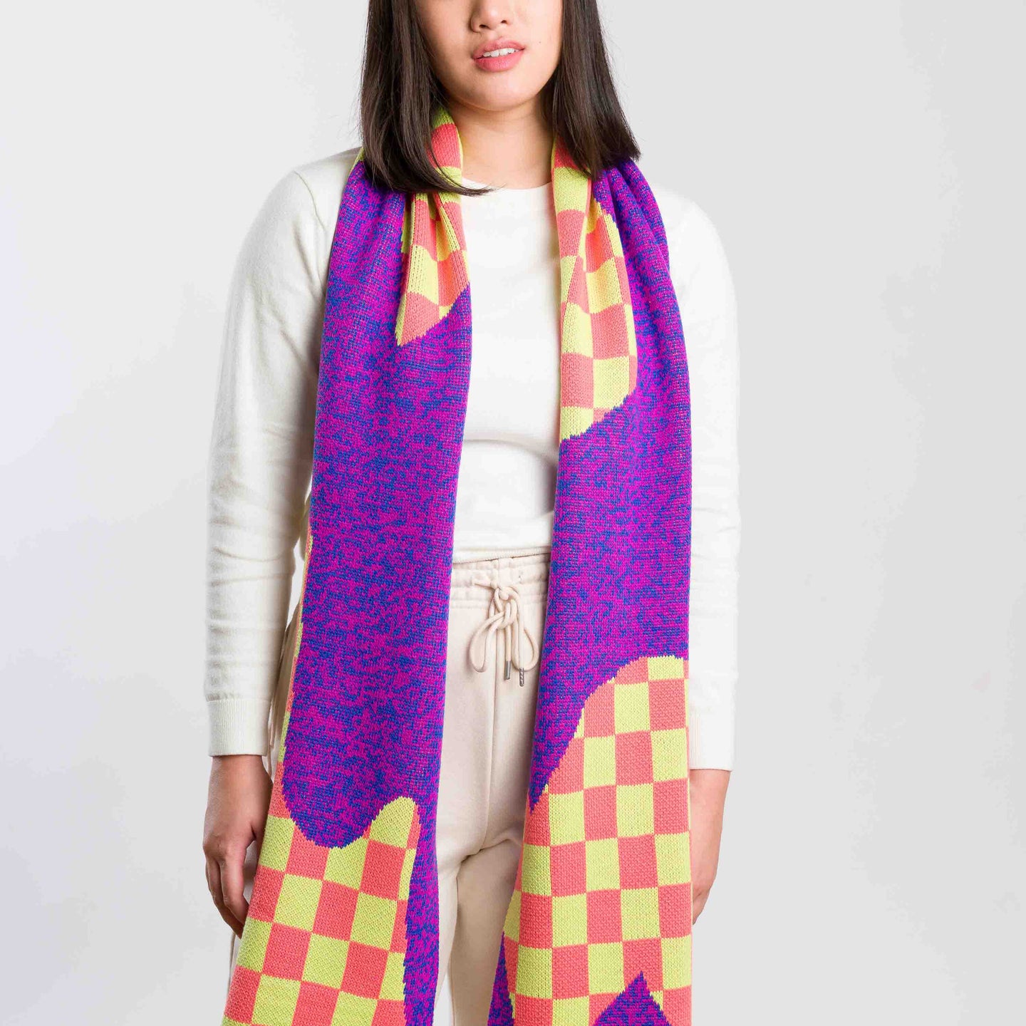 Checkerboard Spill Big Knit Scarf Winter Graphic Bright Colorful On Model Wearing