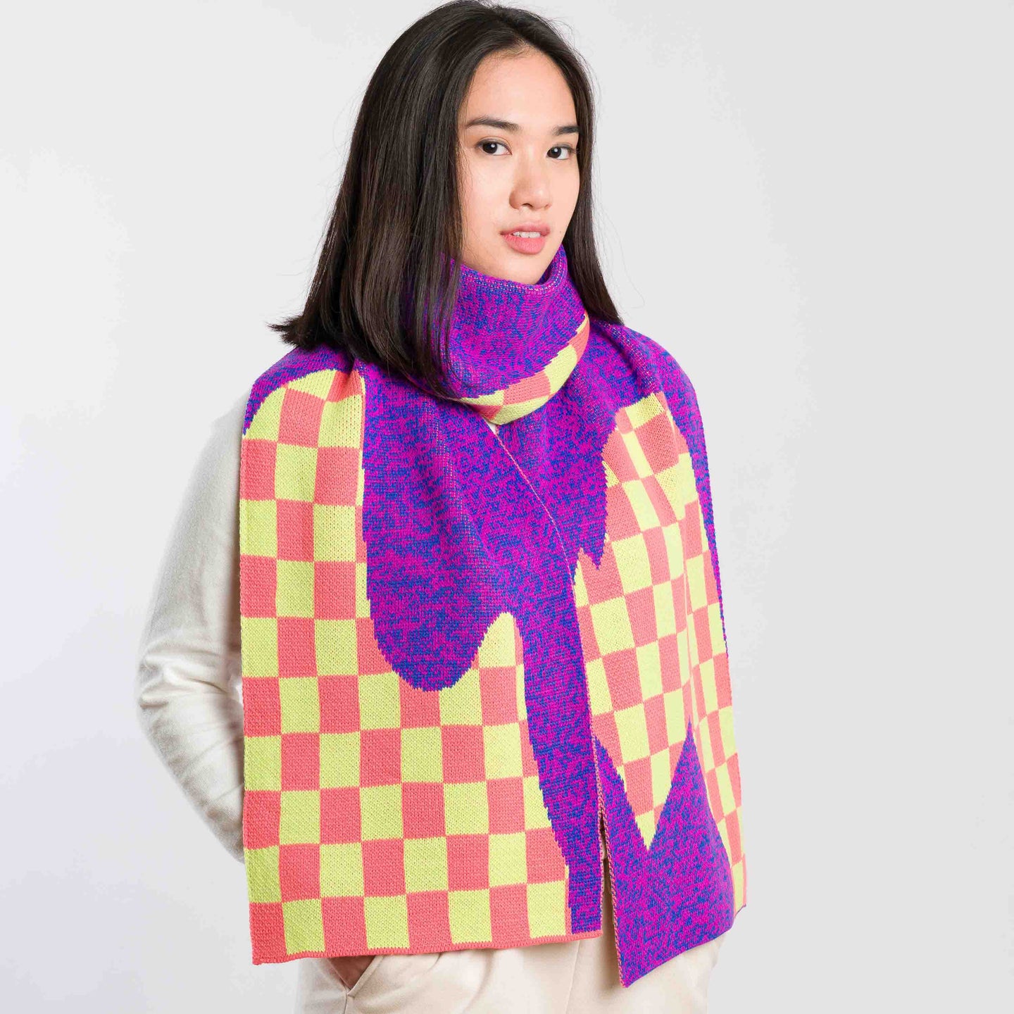 Checkerboard Spill Big Knit Scarf Winter Graphic Bright Colorful On Model Wear