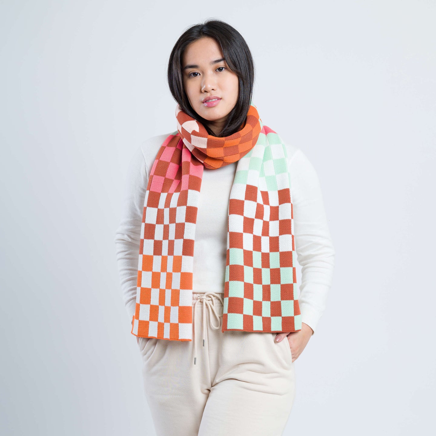 Checkerboard Stripe Knit Winter Scarf Graphic On Model Wear