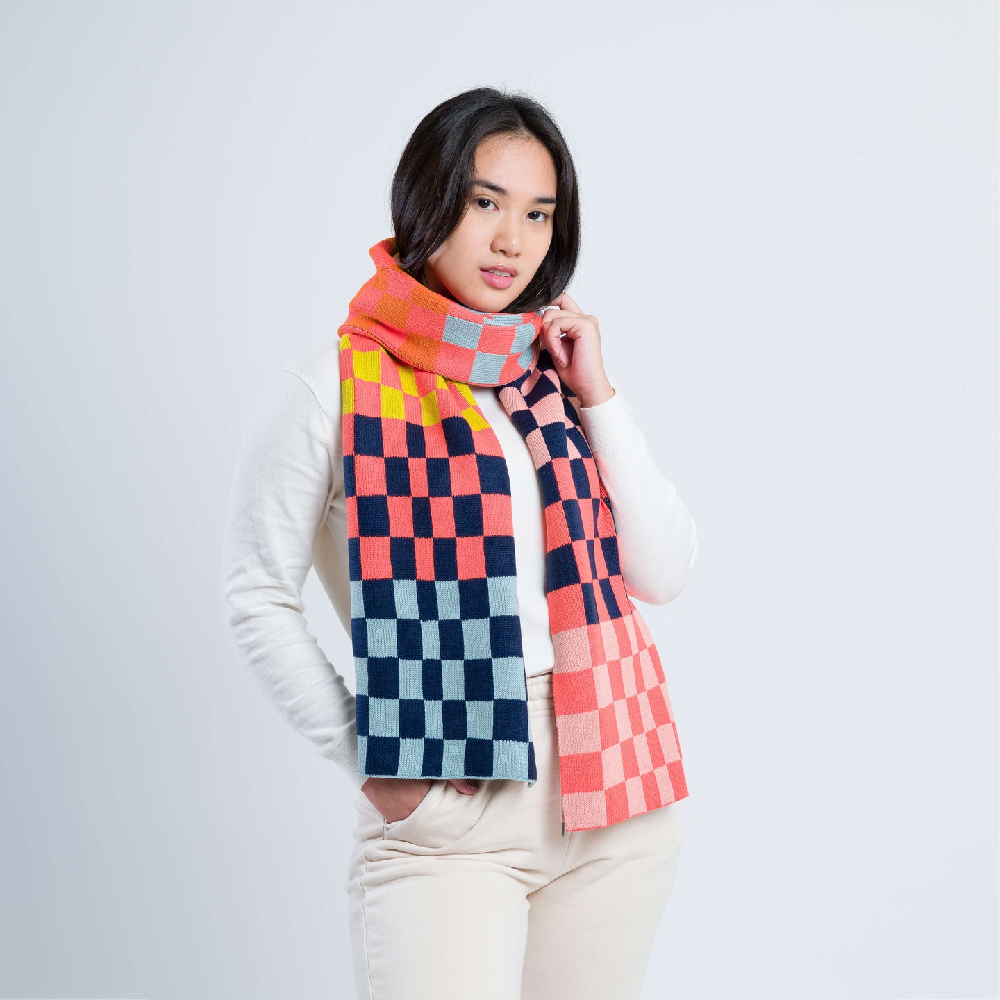Checkerboard Stripe Knit Winter Scarf Graphic Fall Colorful On Model Wear Sample