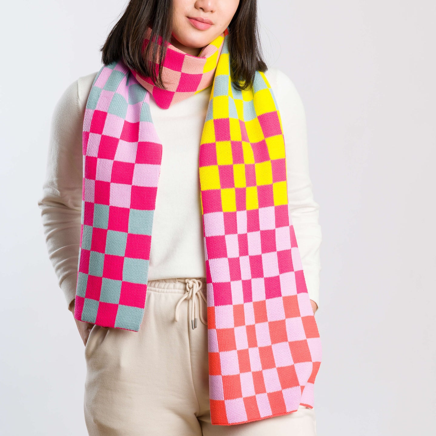 Checkerboard Stripe Knit Winter Scarf Graphic On Model Wear