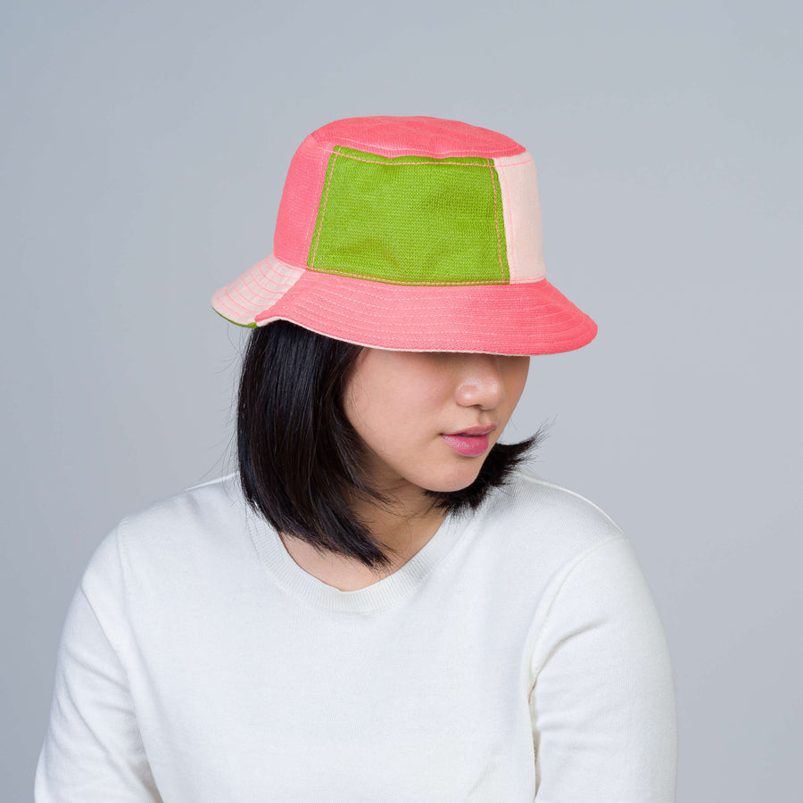 Lime Cobalt | Colorblock Bucket Hat Knit On Model Wearing