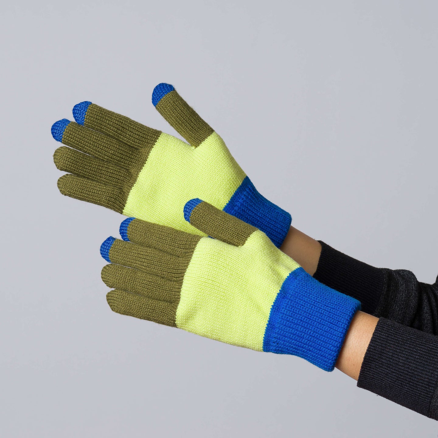 Trio Colorblock Mens Unisex Knit Touchscreen Gloves On Model Wearing