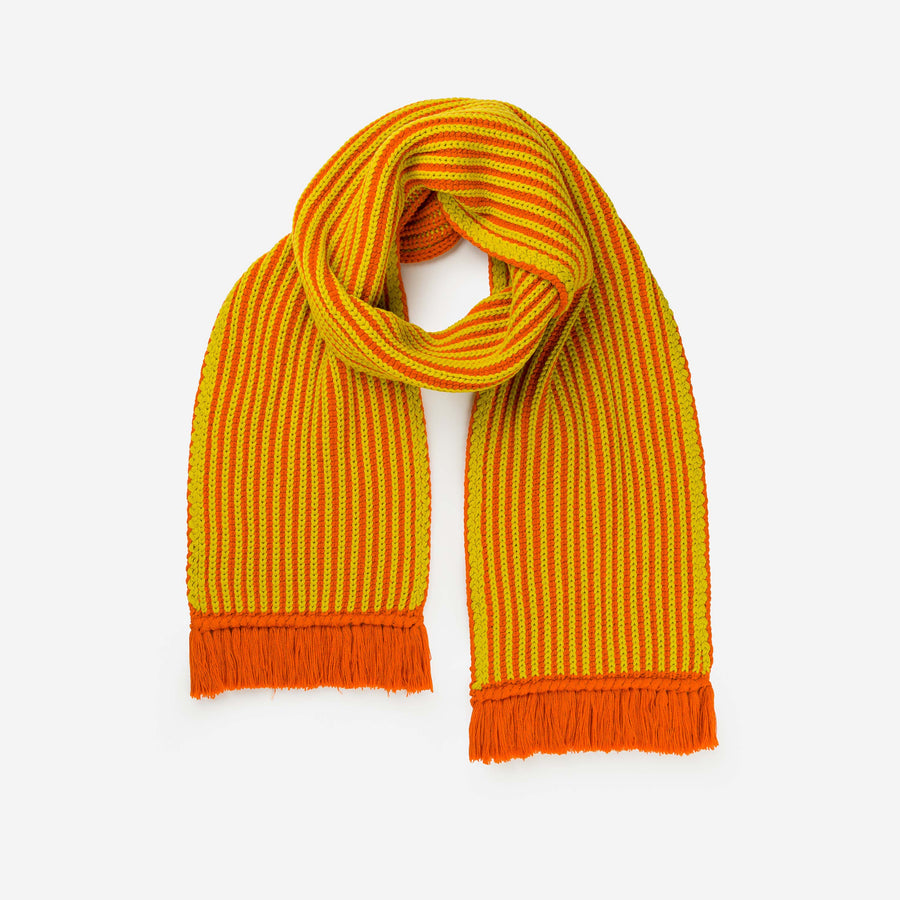 Golden Olive Flame | Chunky Rib Big Knit Scarf Fringe Vertical Stripes Thick Yarn On Model Wearing