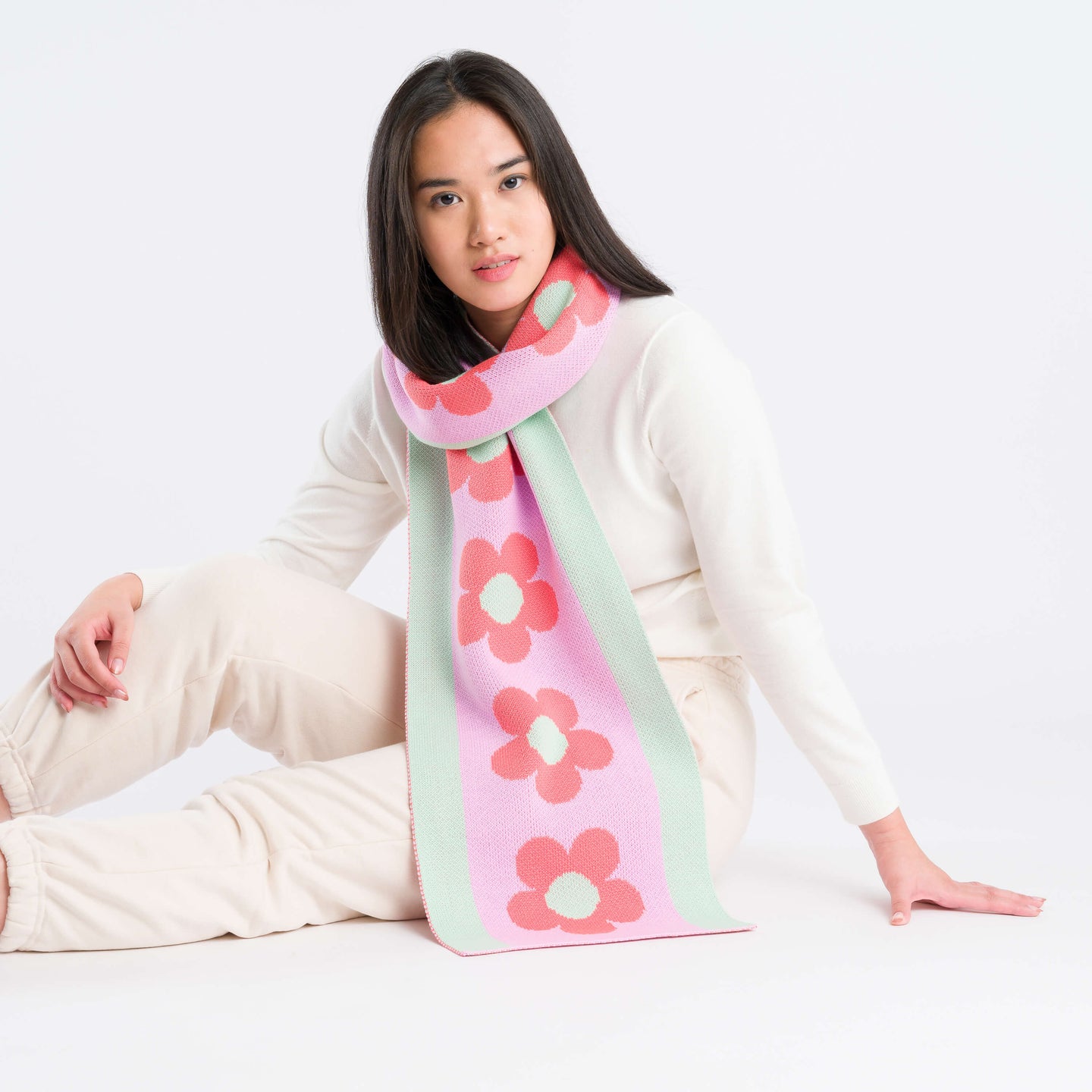 Flower Daisy Stripe Knit Winter Scarf On Model Wear