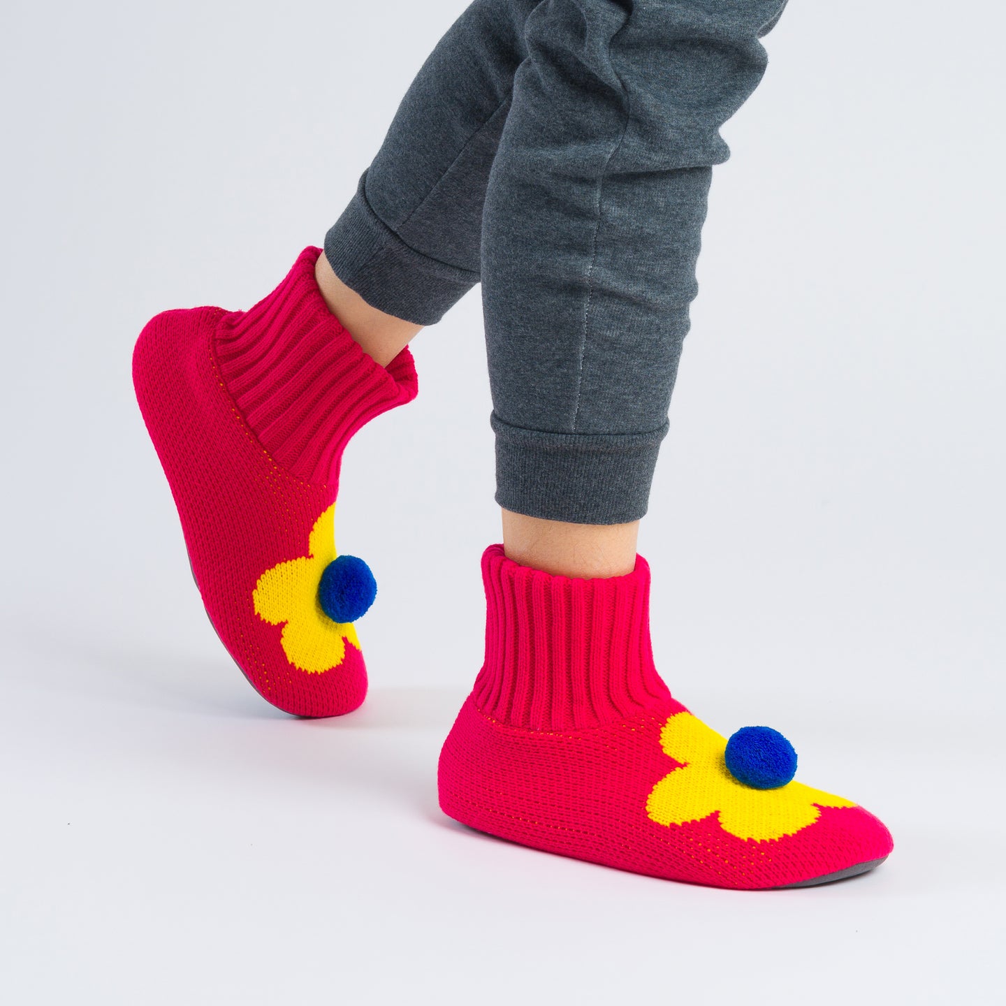 Hot Pink Yellow Flower Knitted Sock Slipper Knit Blue Pom