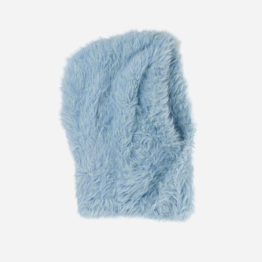 Stone Blue | Fuzzy Faur Fur Knit Hood On Model Wearing