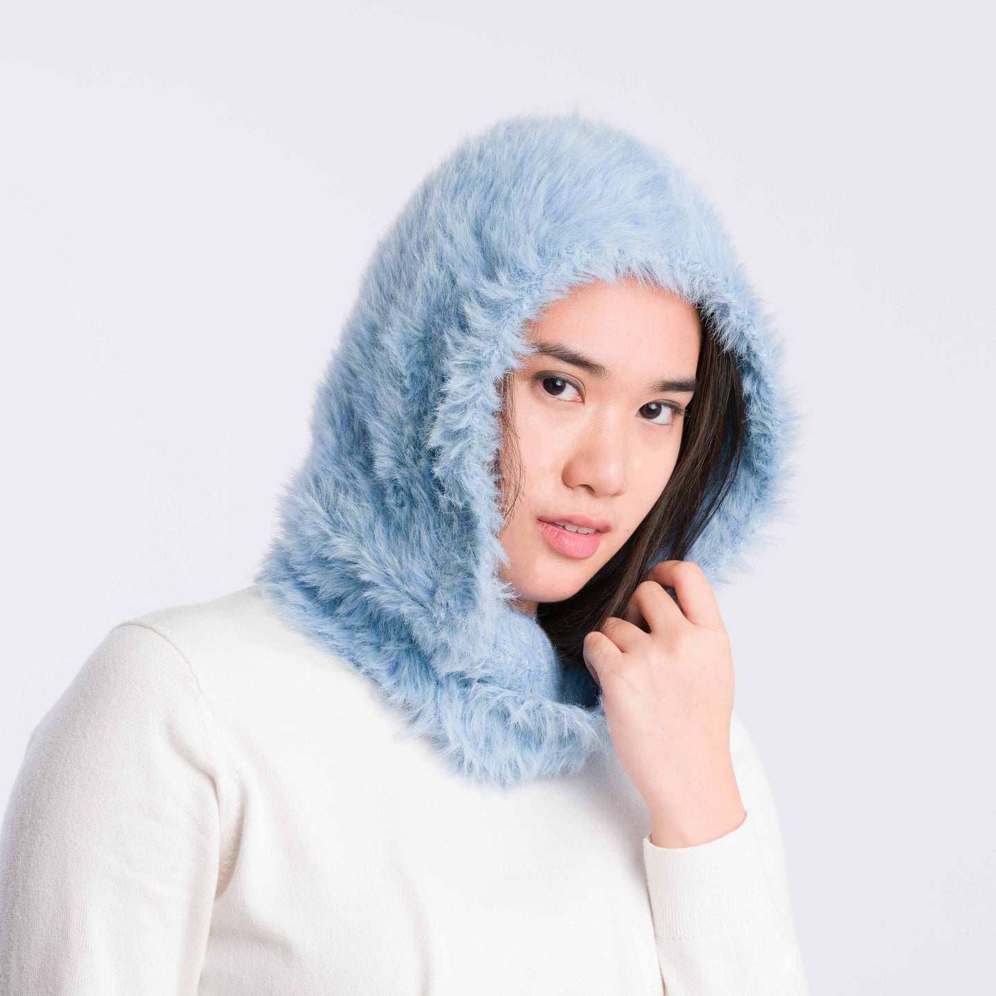 Fuzzy Faur Fur Knit Hood On Model Wearing