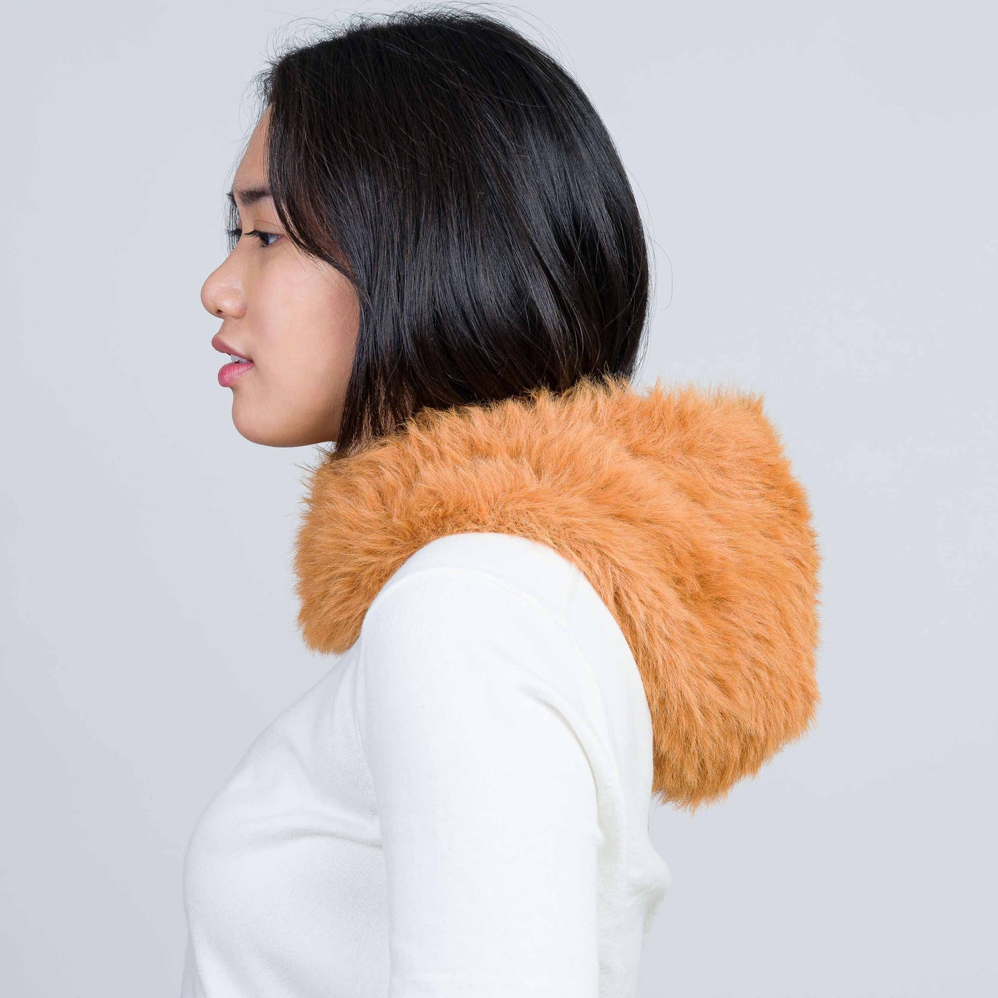 Fuzzy Faur Fur Knit Hood On Model Wearing