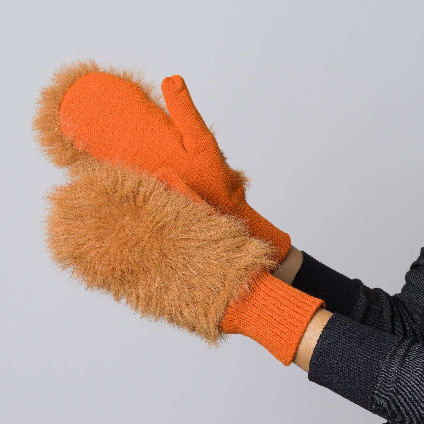 Fuzzy Faux Fur Colorblock Knit Mittens On Model Wearing Hands Vegan Gloves