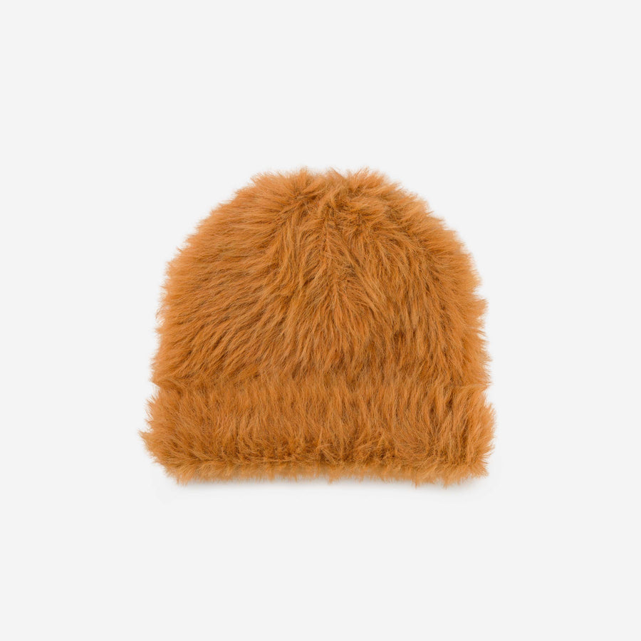 Rust | Faux Fur Fuzzy Knit Beanie Hat Furry On Model Wearing