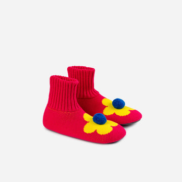 Fuchsia | red with yellow flow knit slippers with a pom pom