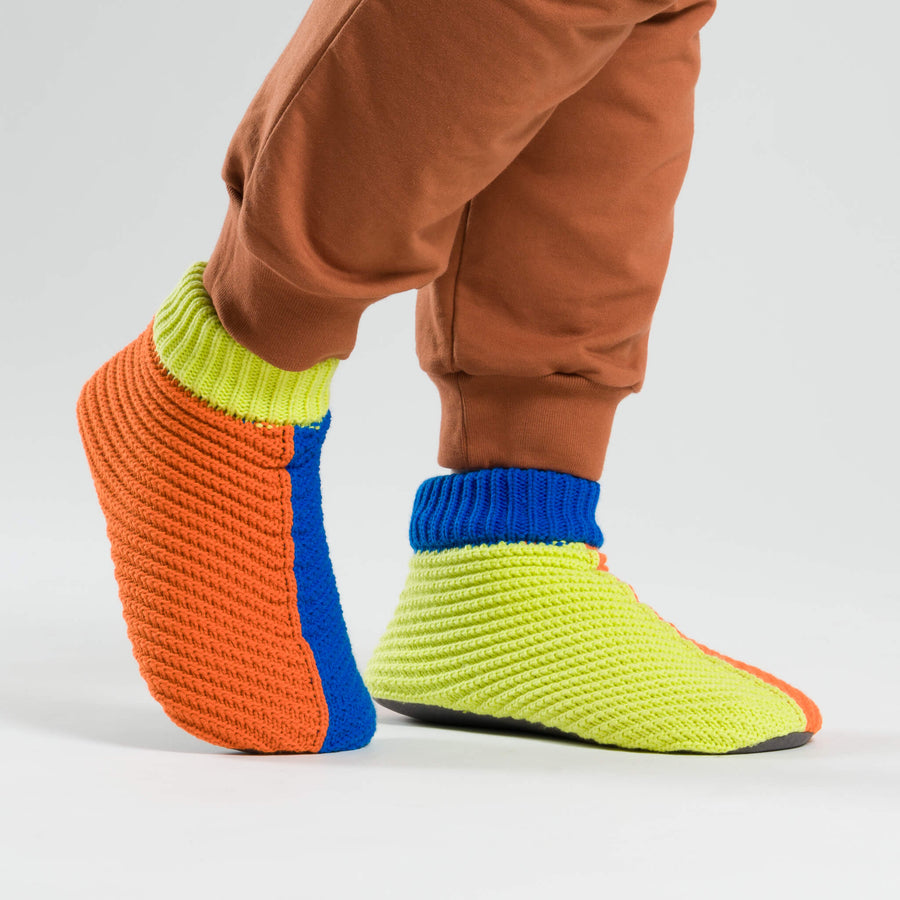 Lime Cobalt | Mismatch Bootie Knit Slippers Non Skid Lined Washable Sock Slippers Warm Comfortable