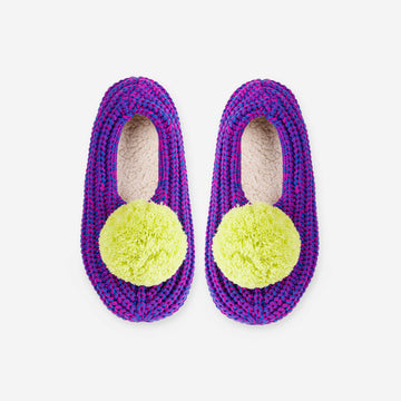 Magenta Cobalt | Pom Fluffy Knitted Sock Rib Knit Slippers Colorful