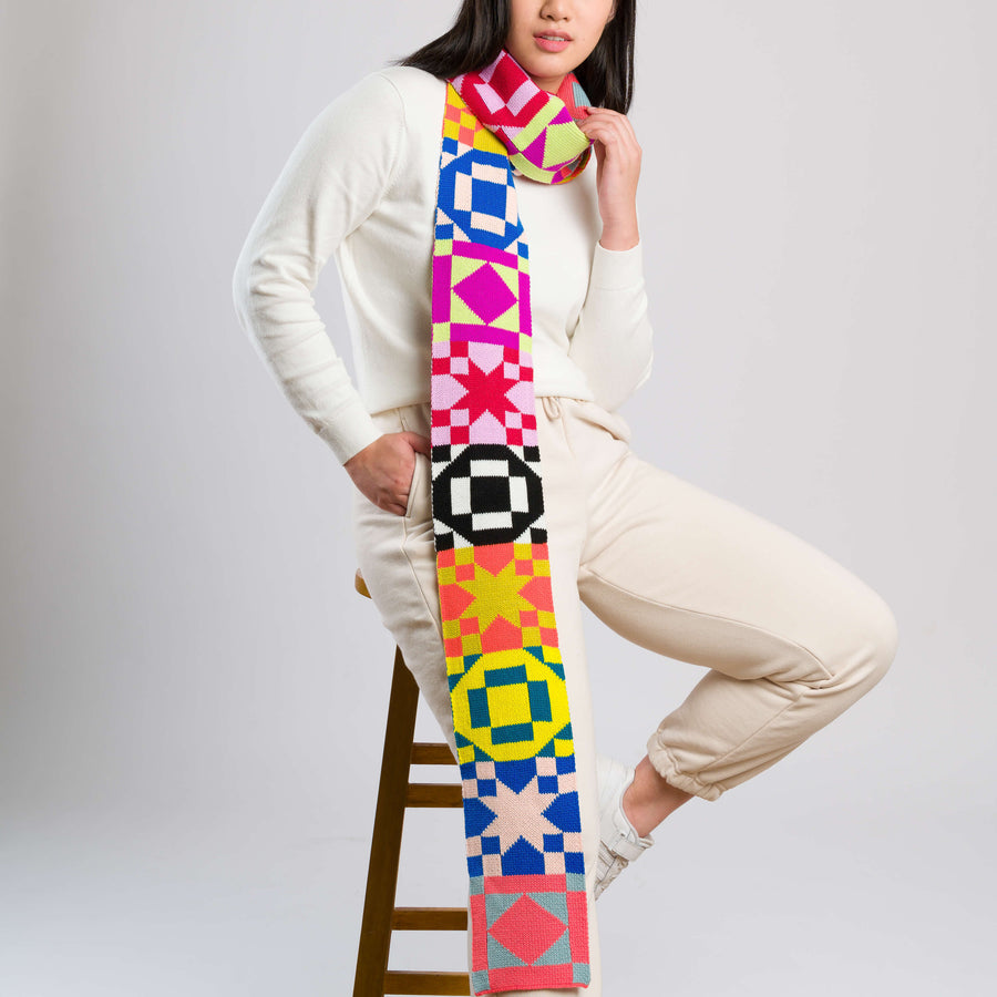 Rainbow | Quilt Block Skinny Knit Scarf Long Boho Pattern Crochet Vintage Knitted Yarn