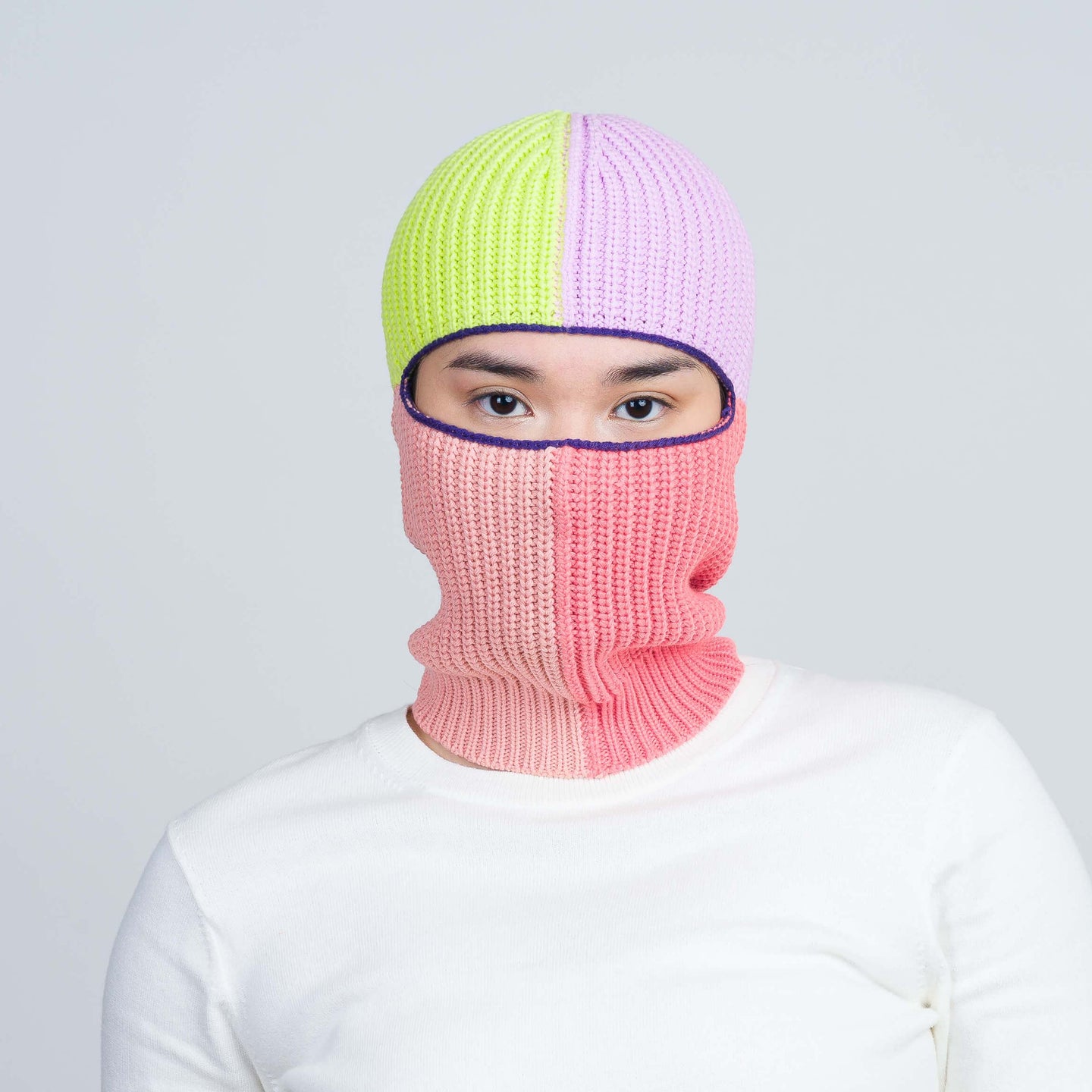 Quattro Knit Rib Colorblock Cute Balaclava Ski Mask Colorful Model Wear Covered