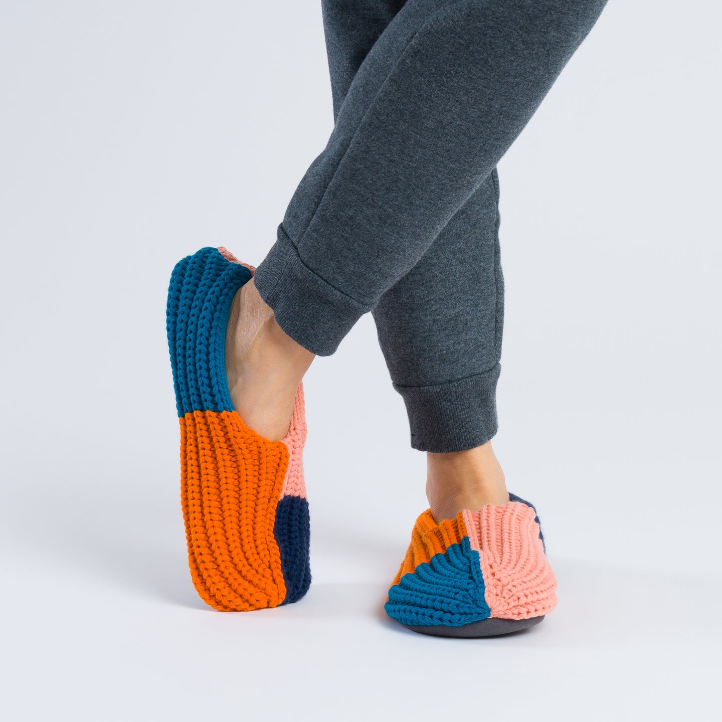 Quattro Rib Mismatch Yarn Slippers Knit Colorblock Cozy Colorful