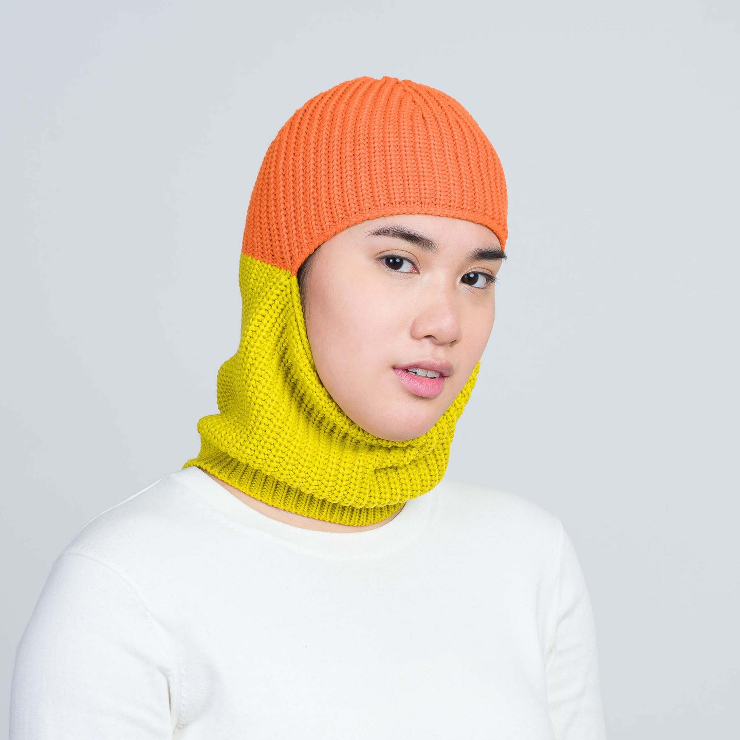 Colorblock Rib Knit Balaclava Ski Mask Winter Open Face Chin On Model Wearing