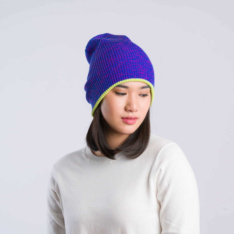 Magenta Cobalt | Ribbed Reversible Knit Winter Beanie Slouchy Hat
