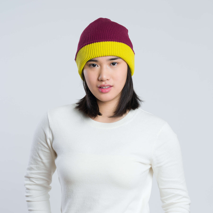 Magenta Cobalt | Ribbed Reversible Knit Winter Beanie Slouchy Hat