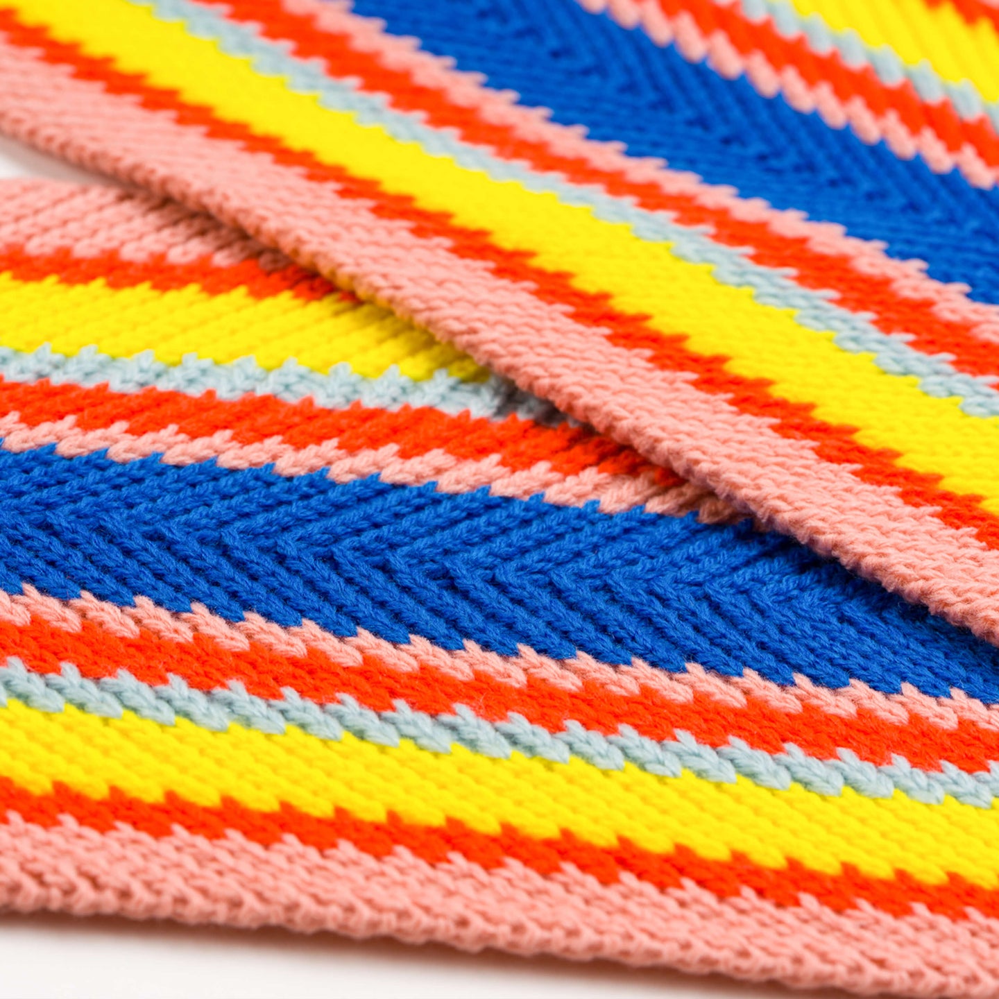 Ribbon Striped Knit Scarf Herringbone Chevron textured long scarf pattern unisex yellow blue mens close up detail bright