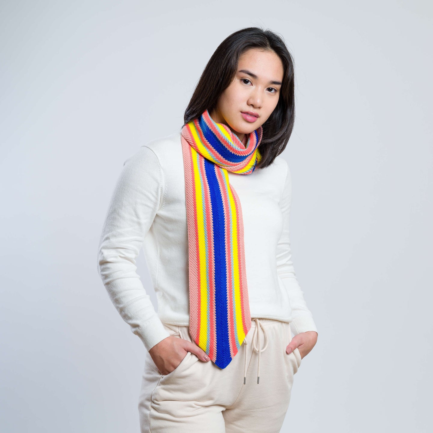 Ribbon Striped Knit Scarf Herringbone Chevron textured long scarf pattern unisex blue