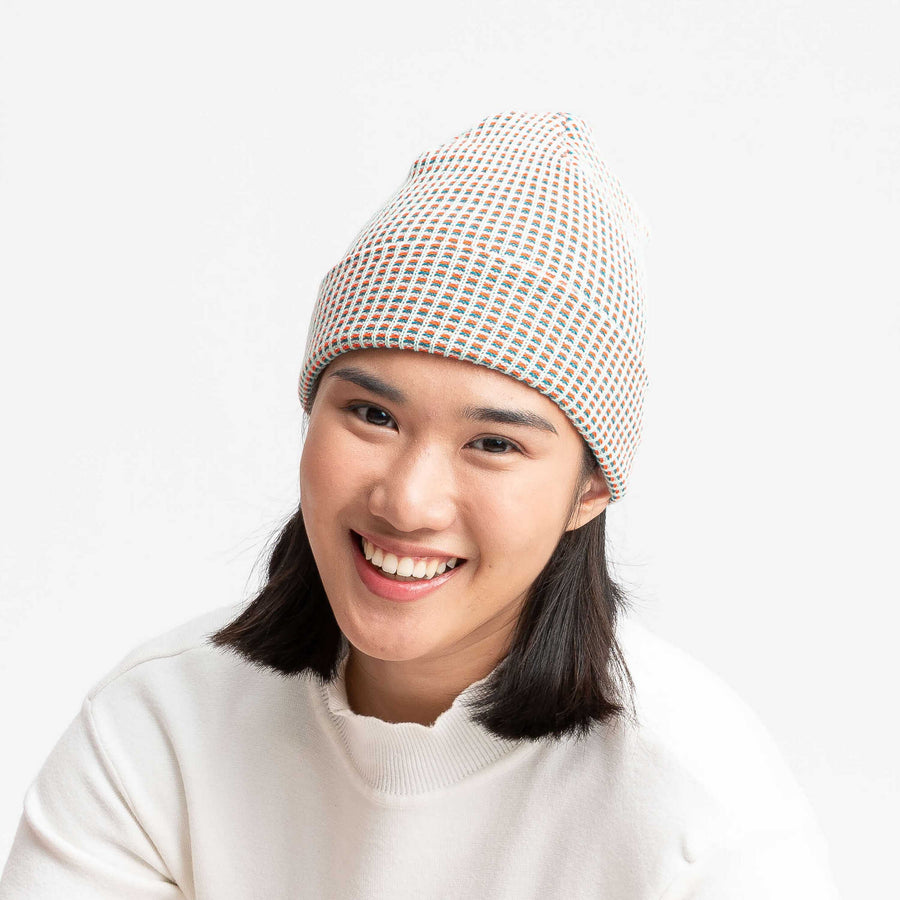 Coral | Simple Grid Knit Hat beanie slouchy unisex mens grid pattern