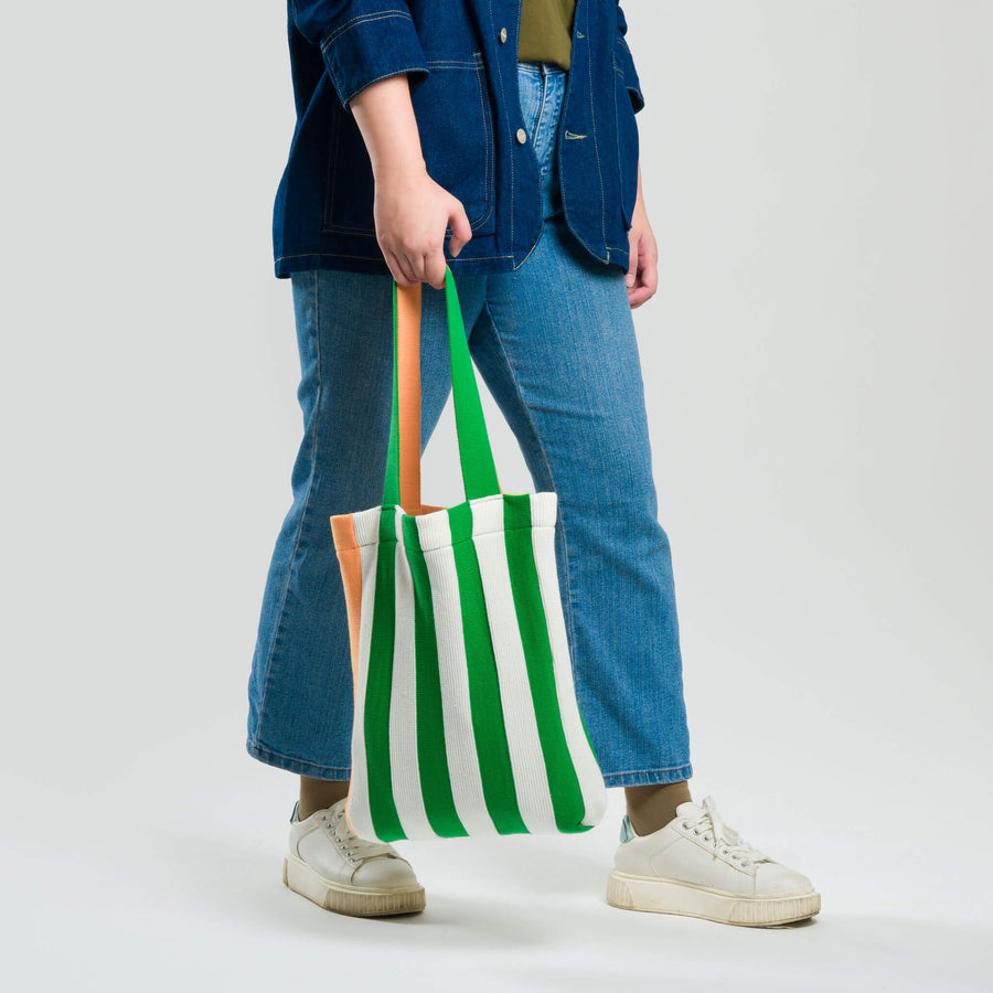Golden Olive Flame | Super Stripe Knit Tote Book Bag Everyday Use washable