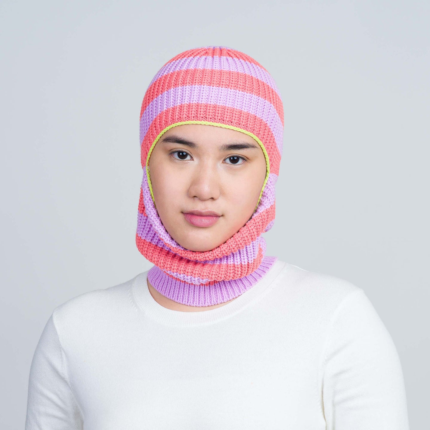 Striped Knit Balaclava Ski Mask Winter On Model Open Face Chin Soft