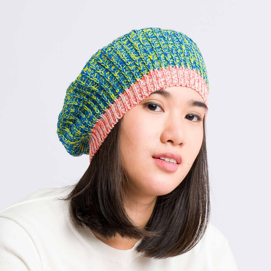 Cobalt Yellow | Static Swatch Knit Marl Beret On Model