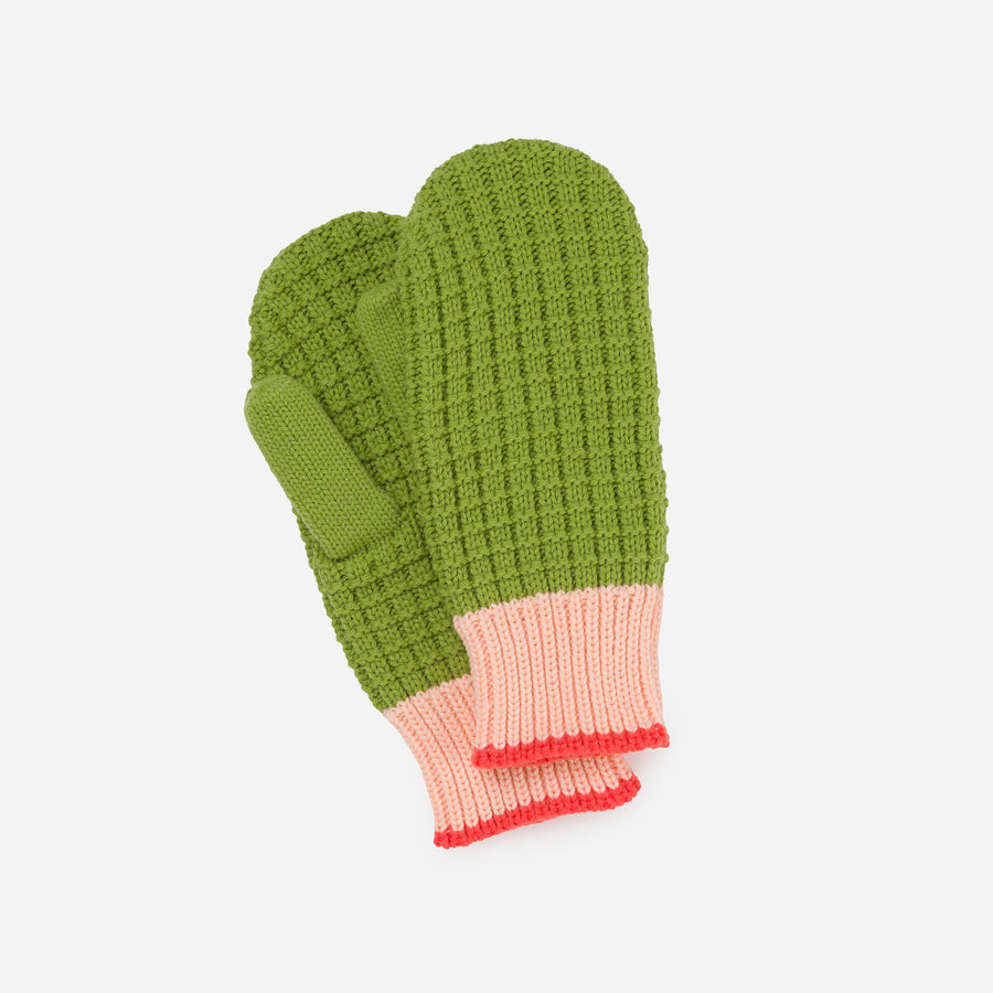 Blush Green | Waffle Knit Chunky Mittens On Hands Wear