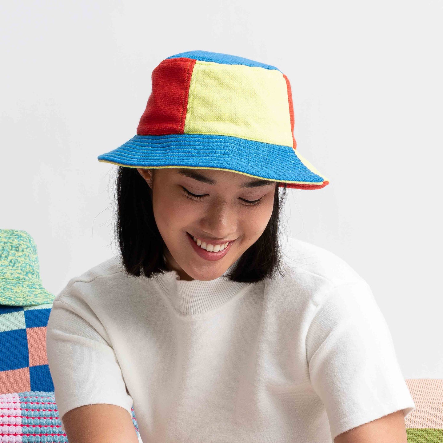 Colorblock Bucket Hat Knit On Model Wearing